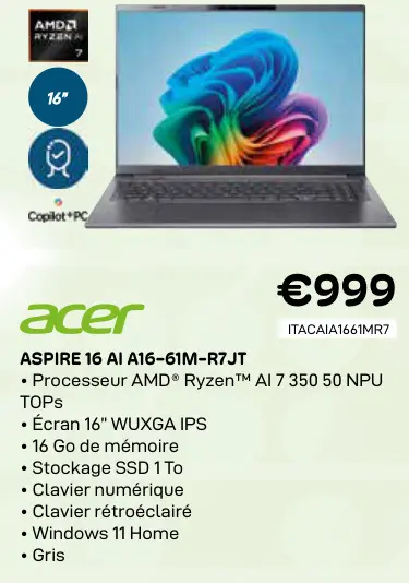 Offre: Aspire 16 ai a16-61m-r7jt