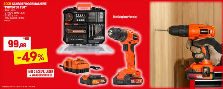 Promotie: Powerplus Dual Power POWDPO1150 accu schroef- en klopboormachine 20V Li-Ion met 2 accu’s + lader + 78 accessoires