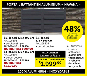 Offre: Portail Battant Havana Alu Anthracite 300x175cm