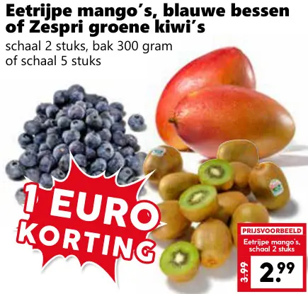 Aanbieding: Eetrijpe mango's, blauwe bessen of groene kiwi's
