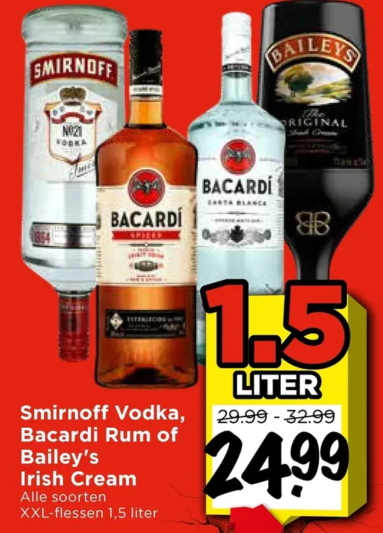 Aanbieding: Smirnoff Vodka, Bacardi Rum of Bailey's Irish