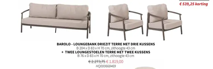 Promotie: Barolo - loungebank driezit terre + twee loungestoelen