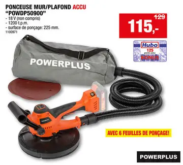 Offre: Powerplus Dual Power POWDP50900 ponceuse murs et plafonds 225mm 20V Li-Ion batterie non comprise