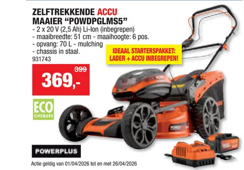Promotie: Powerplus Dual Power POWDPG7568 accu grasmaaier zelftrekkend 2x20 V Li-Ion 51cm + lader