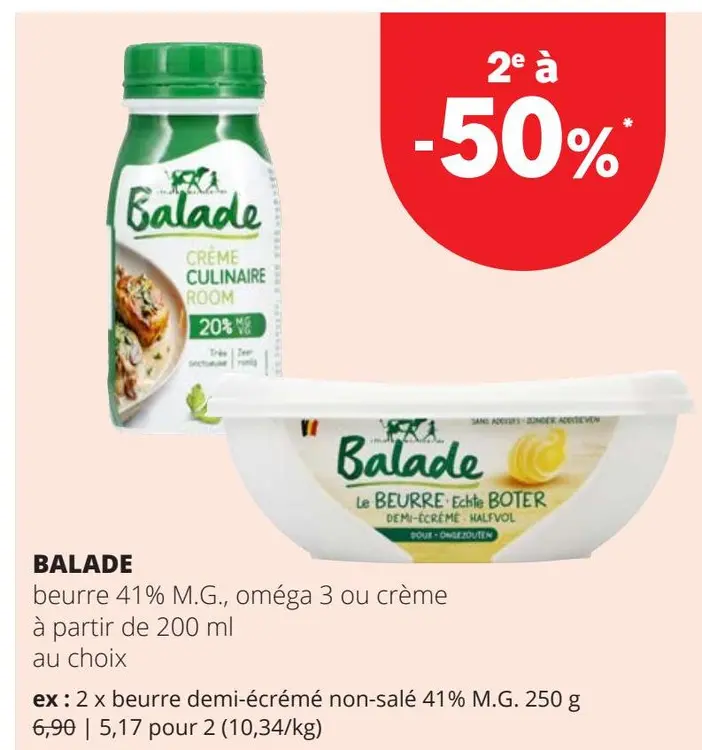Offre: Balade beurre 41% M.G., oméga 3 ou crème