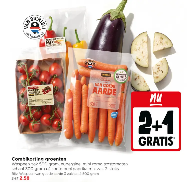 Aanbieding: Waspeen, aubergine, mini roma trostomaten of zoete puntpaprika's