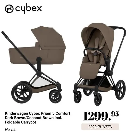 Aanbieding: Kinderwagen Priam 5 Comfort Dark Brown/Coconut Brown incl. Foldable Carrycot
