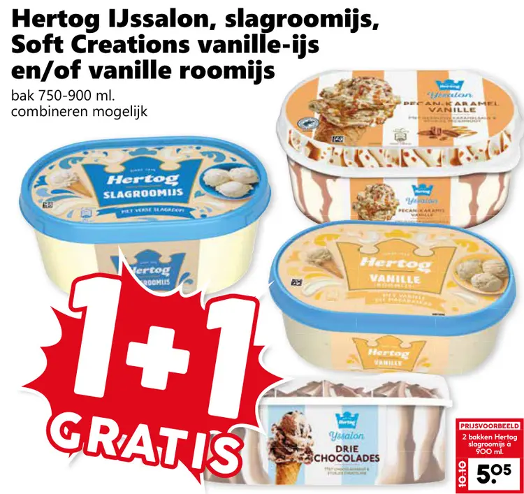 Aanbieding: Hertog IJssalon, slagroomijs, Soft Creations vanille-ijs en/of vanille roomijs