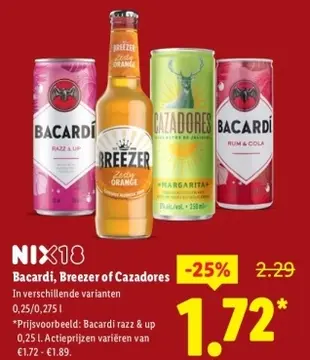 Aanbieding: Bacardi, Breezer of Cazadores