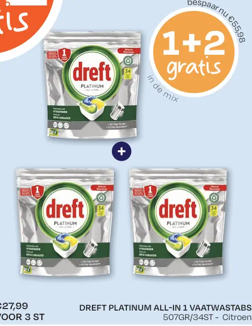 Aanbieding: Dreft platinum all-in 1 vaatwastabs