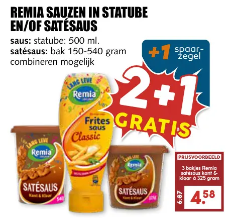 Aanbieding: Remia sauzen in statube en/of satésaus