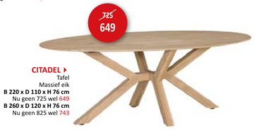 Aanbieding: Tafel Citadel 220x110cm - eik massief - naturel