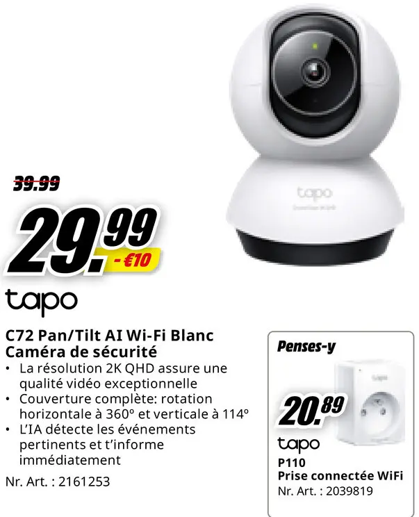 Offre: C72 Pan/Tilt AI Wi-Fi Blanc Caméra de sécurit