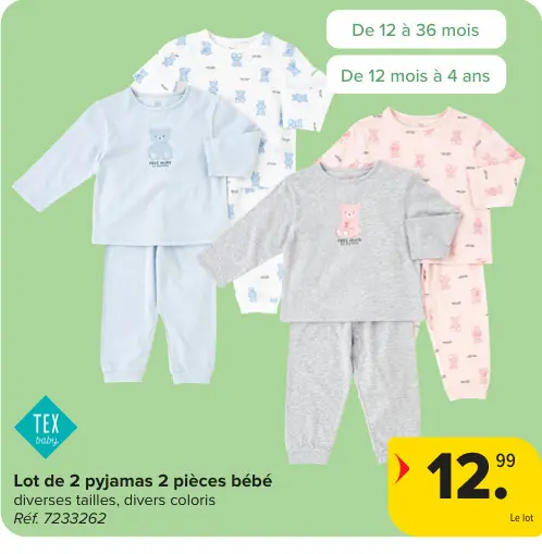Offre: Lot de 2 pyjamas 2 pièces bébé