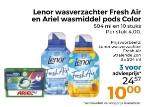 Aanbieding: Lenor wasverzachter Fresh Air en Ariel wasmiddel pods color