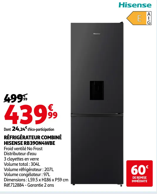 Offre: Réfrigérateur combiné Hisense rb390n4wbe