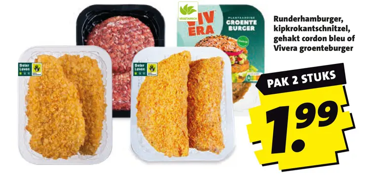 Aanbieding: Runderhamburger, kipkrokantschnitzel, gehakt cordon bleu of groenteburger