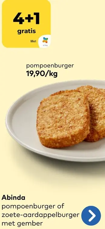 Promotie: Pompoenburger of zoete-aardappelburger met gember