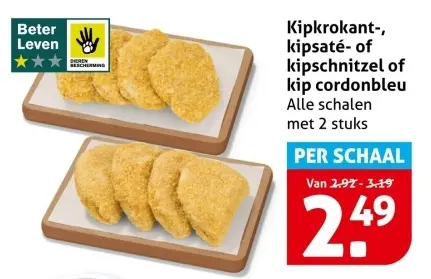 Aanbieding: Kipkrokant-, kipsaté- of kipschnitzel of kip cordonblue