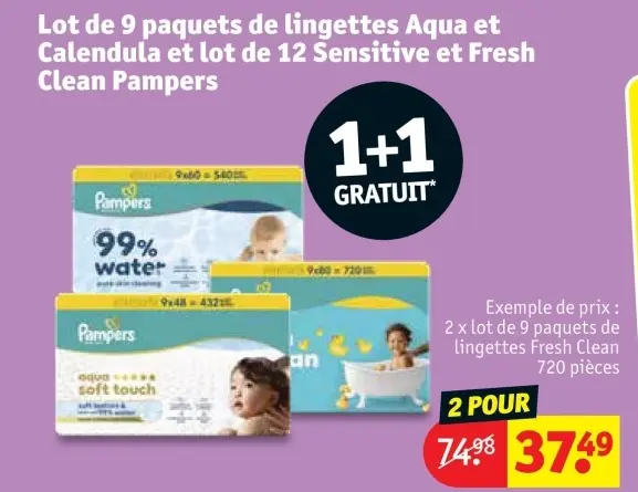 Offre: Lingettes Aqua et Calendula et lingettes Sensetive et fresh clean pampers
