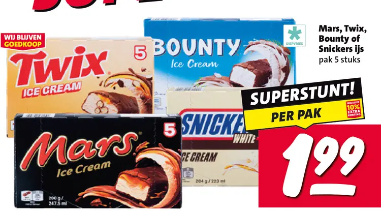 Aanbieding: Mars, Twix, Bounty of Snickers ijs