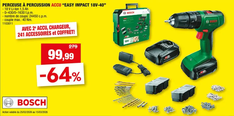 Offre: Bosch EasyImpact 18V-40 perceuse-visseuse à  percussion sans fil 18V Li-Ion avec 2 batteries + chargeur + 241 accessoires + SystemBox