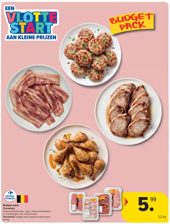 Promotie: Budget pack kippenonderbouten, spek, varkenskoteletten en hamburgers van varken/rund