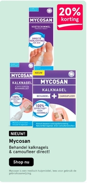 Aanbieding: 20 % korting Mycosan Behandel kalknagels & camoufleer direct !
