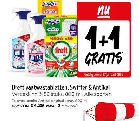 Promotie: Dreft vaatwastabletten, Swiffer & Antikal