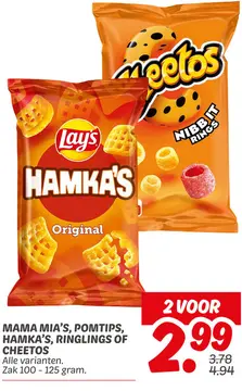 Aanbieding: Mama mia's, pomtips, hamka's, ringlings of Cheetos