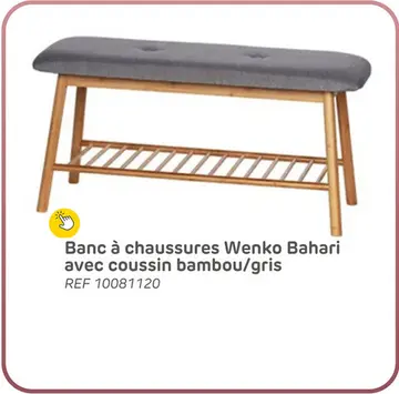 Offre: Banc à chaussures wenko bahari avec coussin bambou / gris 90x45x34cm