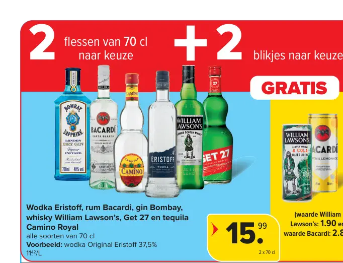 Promotie: Wodka Eristoff, rum Bacardi, gin Bombay, whisky William Lawson's, Get 27 en tequila Camino Royal