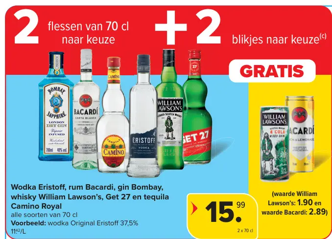 Promotie: Wodka Eristoff, rum Bacardi, gin Bombay, whisky William Lawson's, Get 27 en tequila Camino Royal