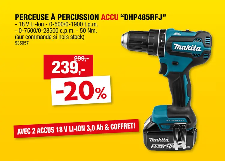 Offre: Makita DHP485RFJ perceuse-visseuse à  percussion sans fil 18V Li-Ion + 2 batteries + chargeur