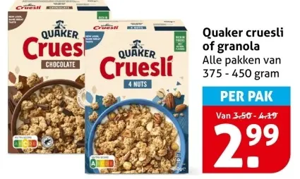 Aanbieding: Quaker cruesli of granola