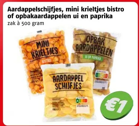 Aanbieding: Aardappelschijfjes, mini krieltjes bistro of opbakaardappelen ui en paprik