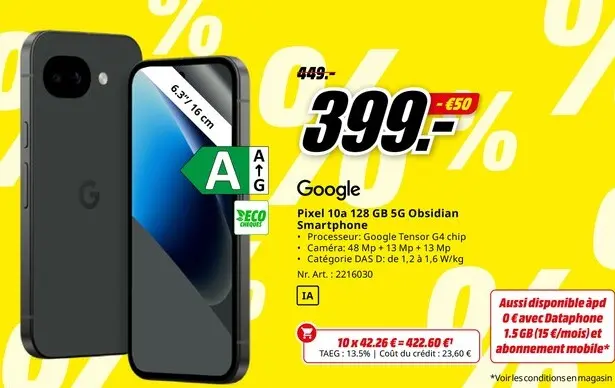 Offre: Pixel 10a 128 GB 5G Obsidian Smartphone