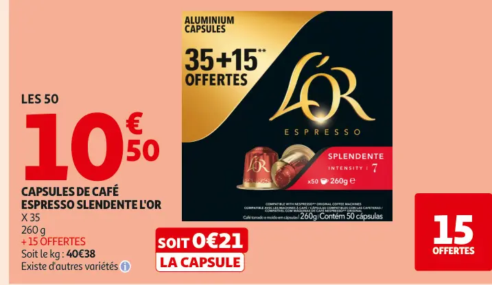 Offre: Capsules de café espresso slendente