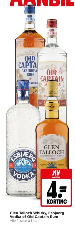 Aanbieding: Glen Talloch Whisky, Esbjaerg Vodka of Old Captain rum