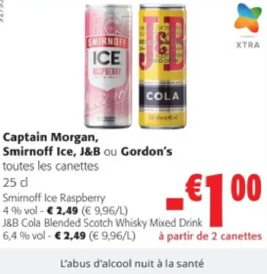 Offre: Captain Morgan, Smirnoff Ice, J&B ou Gordon's toutes les canettes