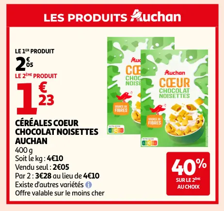 Offre: Auchan Céréales coeur chocolat noisettes