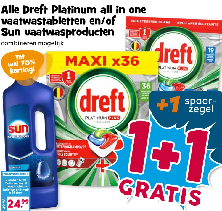Aanbieding: Dreft Platinum all in one vaatwastabletten en/of Sun vaatwasproducten