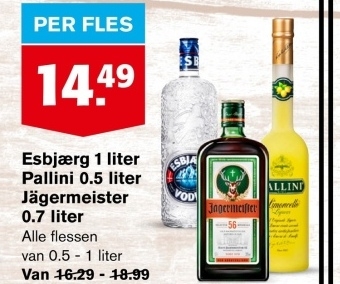 Aanbieding: Esbjærg 1 liter Pallini 0.5 liter Jägermeister 0.7 liter