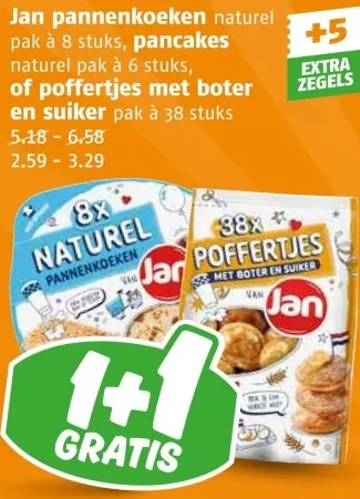Aanbieding: Jan pannenkoeken naturel, pancakes naturel of poffertjes met boter en suiker