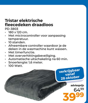 Aanbieding: Tristar elektrische fleecedeken draadloos PD-