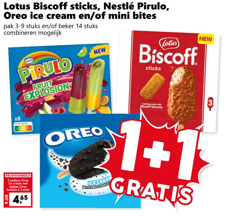 Aanbieding: Biscoff sticks, Nestlé Pirulo, Oreo ice cream en/of mini bites