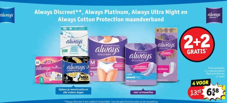 Aanbieding: Always Discreet, Always Platinum, Always Ultra Night en Always Cotton Protection maandverband