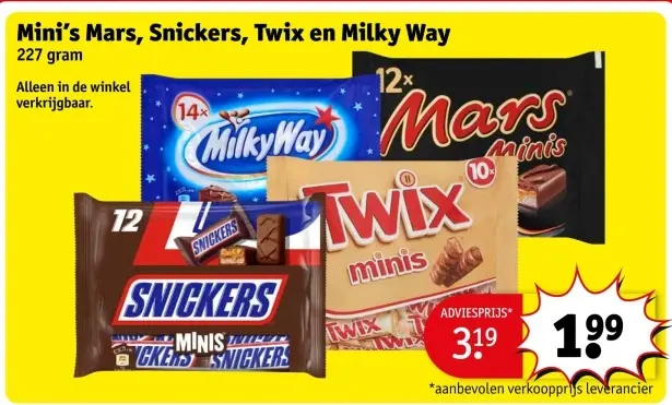 Aanbieding: Mini's Mars, Snickers, Twix en Milky Way