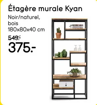 Offre: Etagère murale Kyan - noir/couleur naturelle - 180x80x40 cm