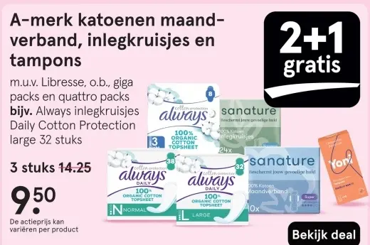 Aanbieding: Katoenen maandverband, inlegkruisjes en tampons
